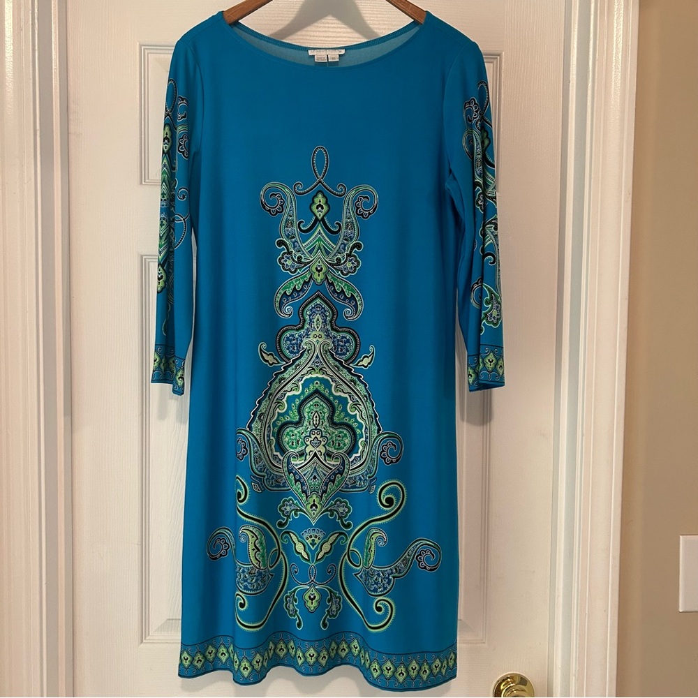 London Times Sheath Dress Sz 10 Aqua Blue Green Boho Paisley 3/4 Sleeve Stretch